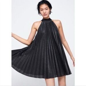 NWOT ZARA Pleated halter silver shimmer accordion mini dress